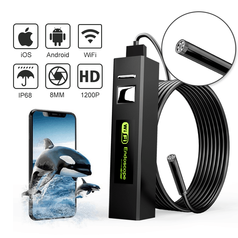 Wireless Endoscope USB Borescope Inspection Camera 8mm 1200P HD Wifi Snake Automobile Camera IP68 with 8 LED for Android IOS PC