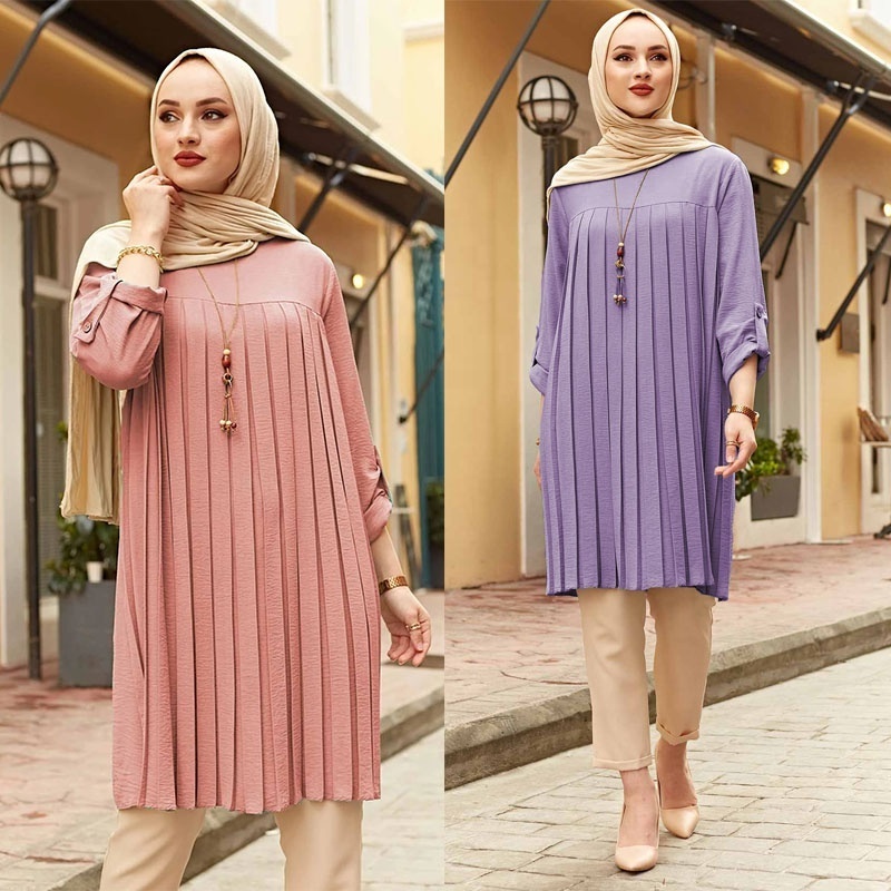 Modest Muslim Long Blouses Pleated Islamic Tunic Abaya Dubai Tops Moroccan Thobe Plus Size Shirt Dress Kawaii Clothes