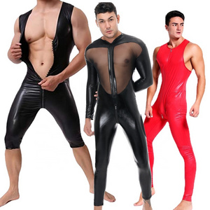 Sexy Costumes Mens Fetish Latex Catsuit PVC Spandex Cat Suit PU Leather Zipper Tights Mesh Bodysuit Black Jumpsuit