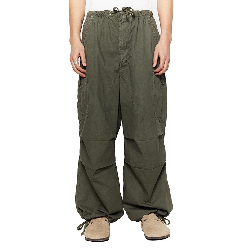 Mens Parachute Pants Loose Fit Wide Legged Cargo Trousers Olive Cotton Joggers Urban Streetwear Hipster Clothes Baggy Pants