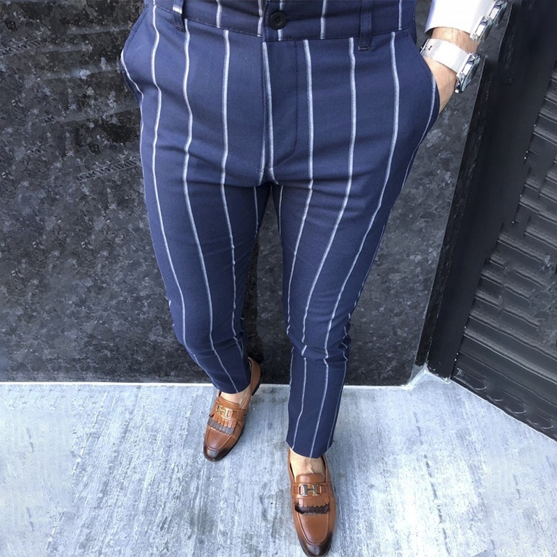 Mens Striped Dress Pants Skinny Plaid Trousers Slim Fit Travel Slacks Golf Clothing Business Casual Wear Pencil Pants