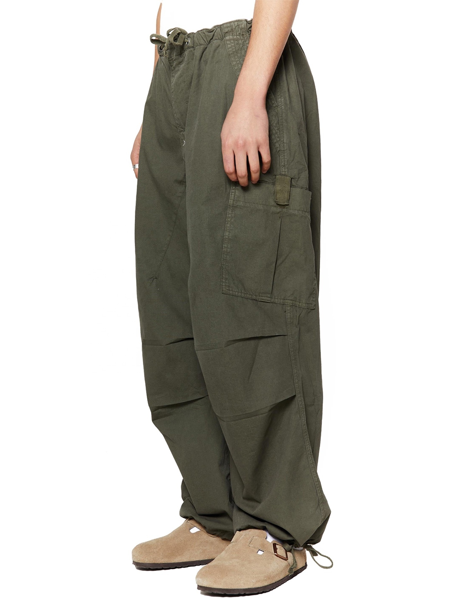 Mens Parachute Pants Loose Fit Wide Legged Cargo Trousers Olive Cotton Joggers Urban Streetwear Hipster Clothes Baggy Pants