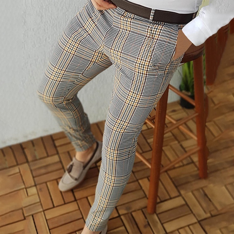 Mens Striped Dress Pants Skinny Plaid Trousers Slim Fit Travel Slacks Golf Clothing Business Casual Wear Pencil Pants