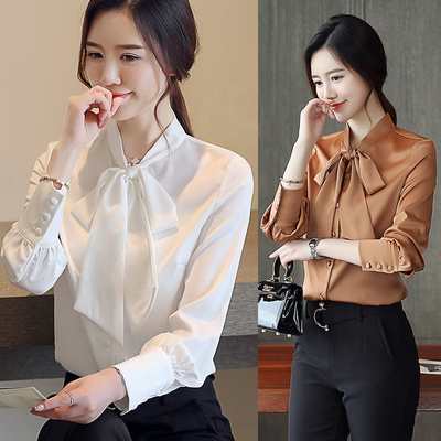 Womens Elegant Chiffon Formal Shirts Korean Tie Neck Blouse Slim Fit Satin Tops Office Wear Fashion Clothes Work Shirt BestSuppliers