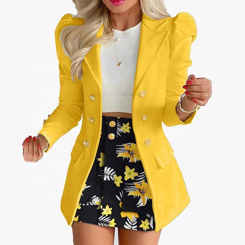 Womens Plaid Suits Korean Puffy Sleeve Flower Blazer Dress Pocket Skirt Formal Wear Business Clothes Ladies Suit