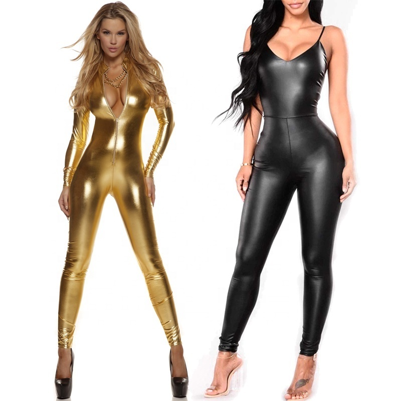 Womens Tight Spandex Jumpsuits Gold Leather Bodysuit Zipper Tights Black Cat Suit Red Romper Jumpsuit Latex Catsuit