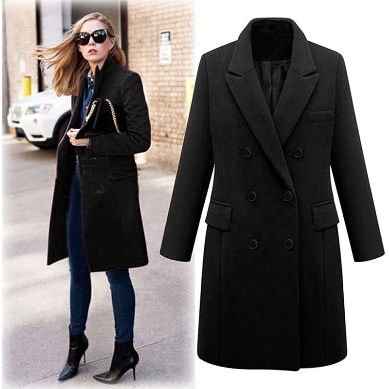 Womens Plus Size Winter Coats Elegant Camel Overcoat Lapel Wool Outerwear 5XL Autumn Topcoat Long Peacoat Black Jacket