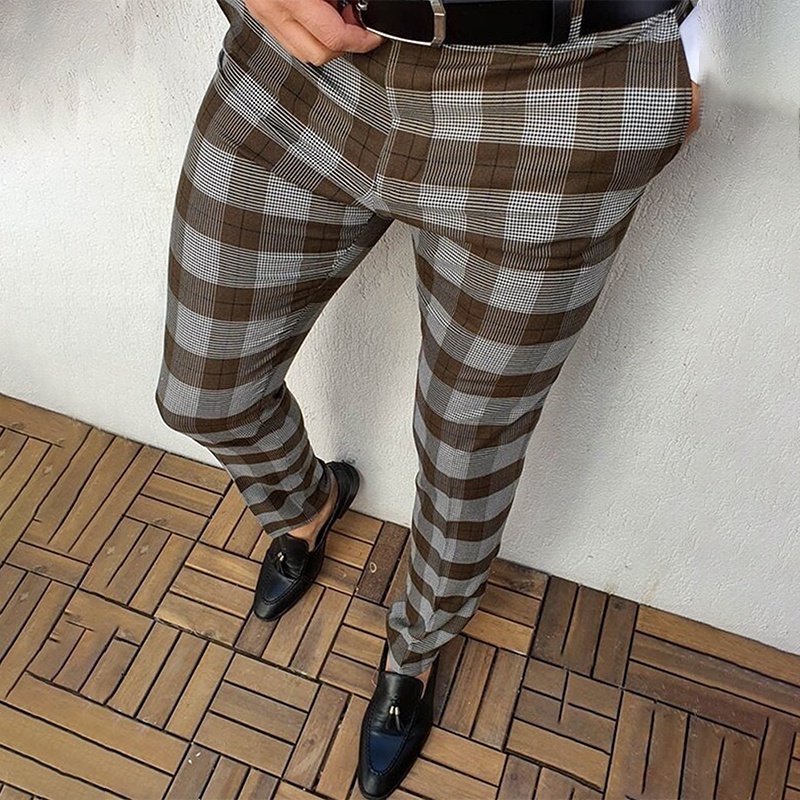 Mens Striped Dress Pants Skinny Plaid Trousers Slim Fit Travel Slacks Golf Clothing Business Casual Wear Pencil Pants