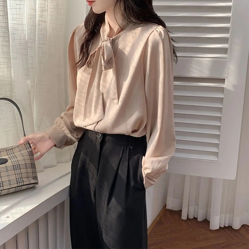 Womens Elegant Chiffon Formal Shirts Korean Tie Neck Blouse Slim Fit Satin Tops Office Wear Fashion Clothes Work Shirt