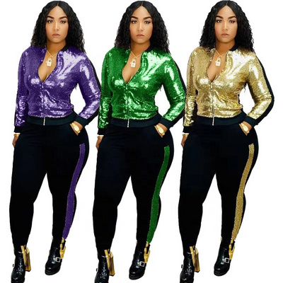 Womens Purple Sequin Two Piece Sets Glitter Sweatsuit Pink Sparkly Tracksuit Zip Jacket Sweat Pants Track Suit