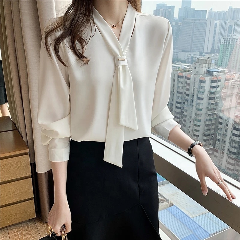 Womens Elegant Chiffon Formal Shirts Korean Tie Neck Blouse Slim Fit Satin Tops Office Wear Fashion Clothes Work Shirt