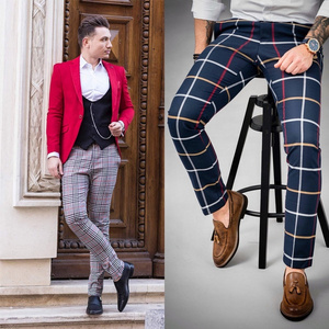 Mens Striped Dress Pants Skinny Plaid Trousers Slim Fit Travel Slacks Golf Clothing Business Casual Wear Pencil Pants