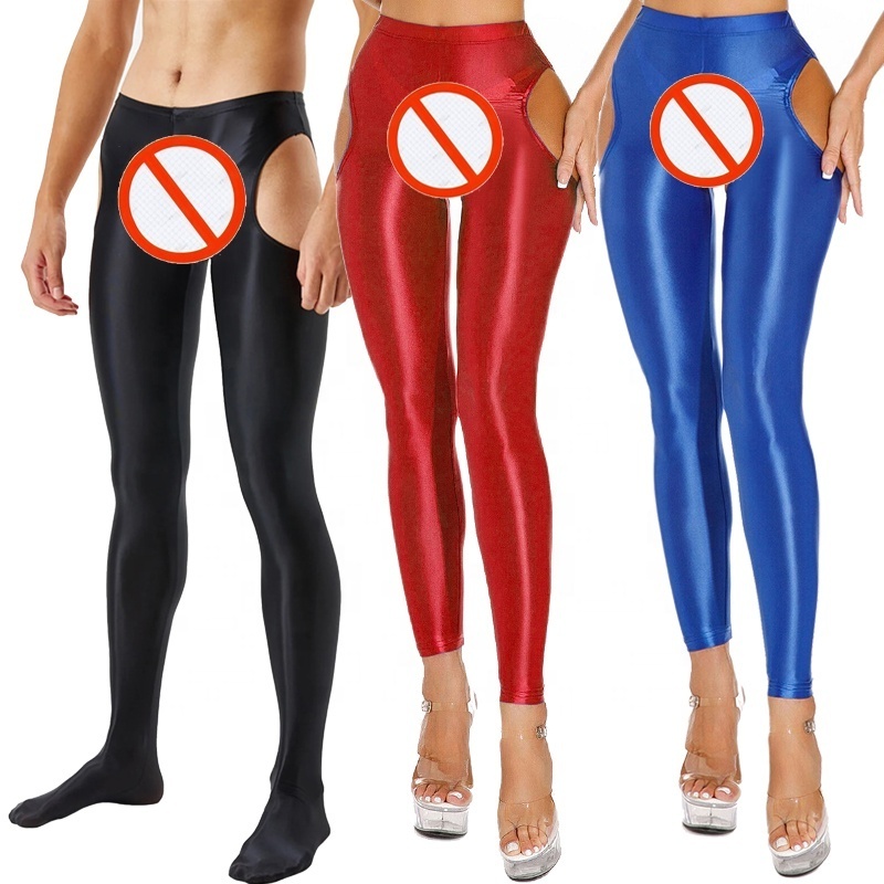 Sexy Costumes Open Crotch Leggings Glossy Crotchless Pants Footed Tights Unisex Underpants Panty Stocking Shiny Pantyhose