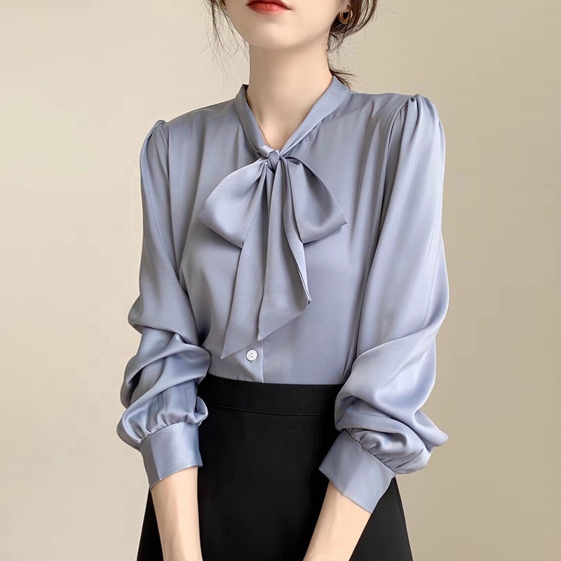 Womens Elegant Chiffon Formal Shirts Korean Tie Neck Blouse Slim Fit Satin Tops Office Wear Fashion Clothes Work Shirt