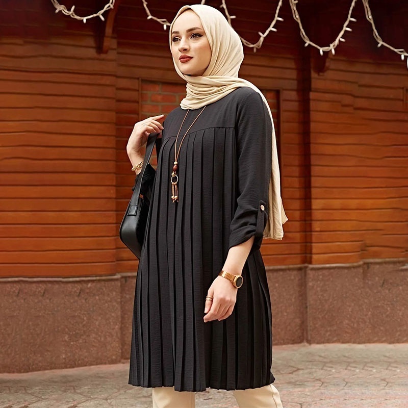 Modest Muslim Long Blouses Pleated Islamic Tunic Abaya Dubai Tops Moroccan Thobe Plus Size Shirt Dress Kawaii Clothes