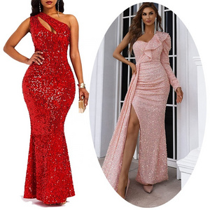 Elegant Evening Dresses African Formal Sequin One Shoulder Long Gown Glitter Floor Length Party Wear Maxi Dress