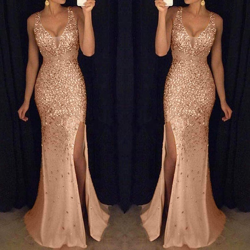 Womens Rose Gold Sequin Wedding Dresses Formal Long Sparkly Bridesmaid Bridal Evening Gowns Glitter Mermaid Clothes Prom Dress