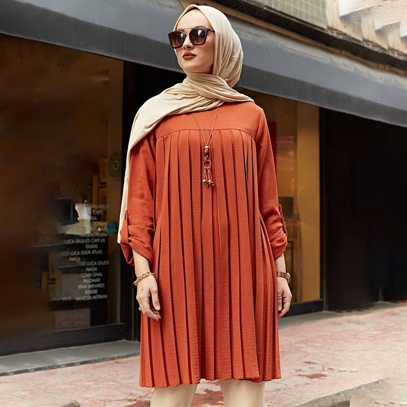 Modest Muslim Long Blouses Pleated Islamic Tunic Abaya Dubai Tops Moroccan Thobe Plus Size Shirt Dress Kawaii Clothes