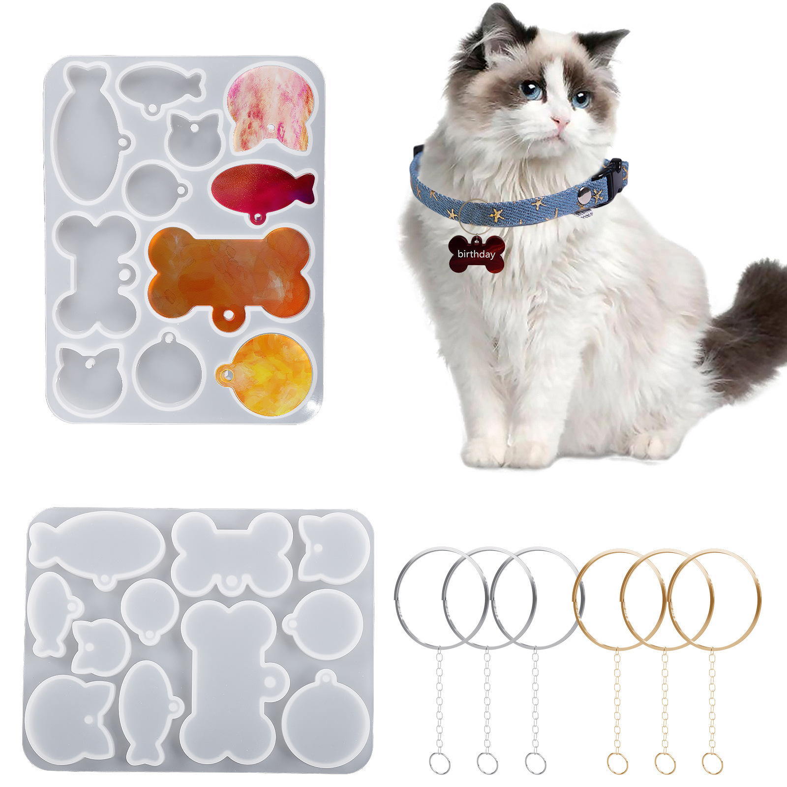 Silicone Mold Supplies DIY Pet Dog Bone Cat Tag Fish Keychain Resin Silicone Mold