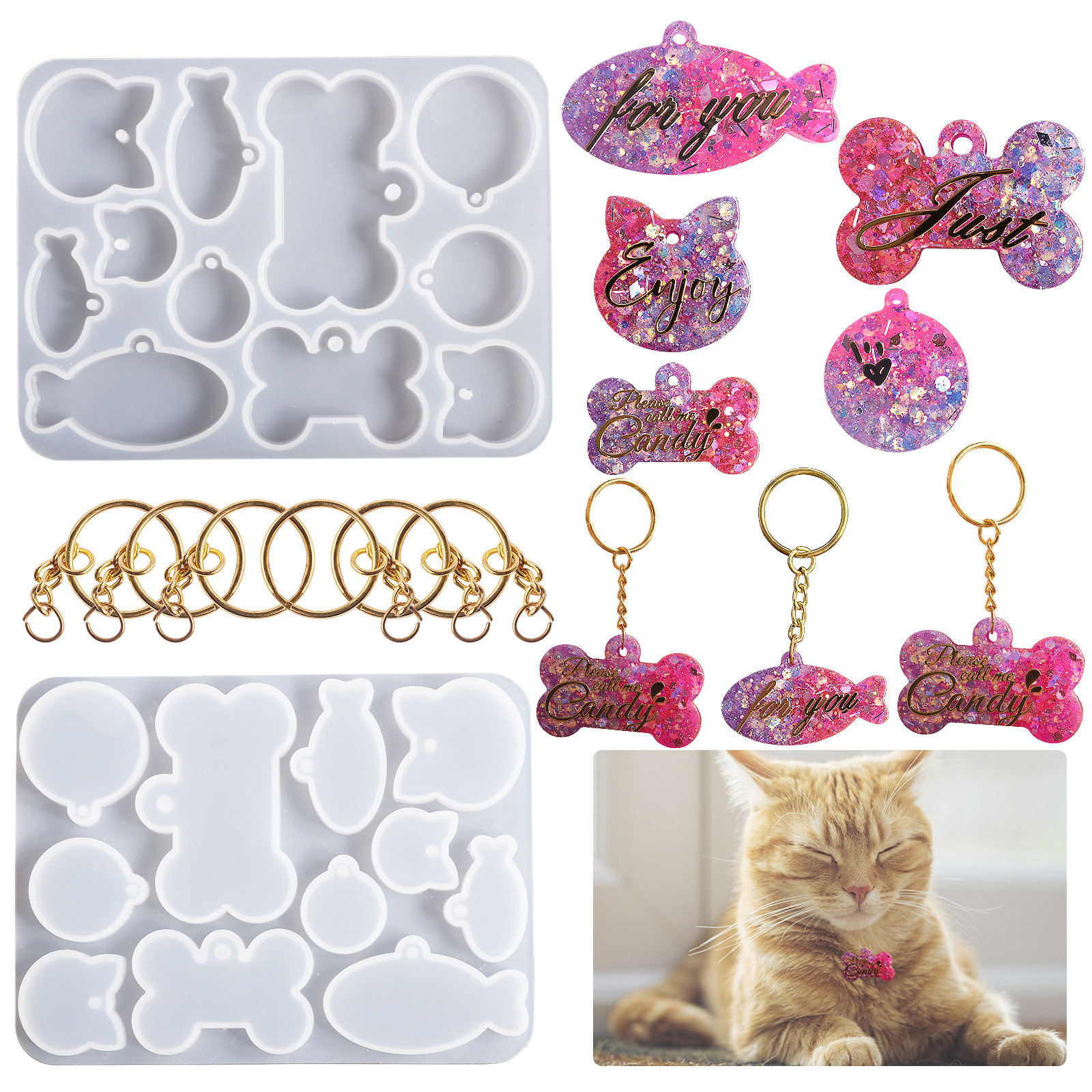 Silicone Mold Supplies DIY Pet Dog Bone Cat Tag Fish Keychain Resin Silicone Mold