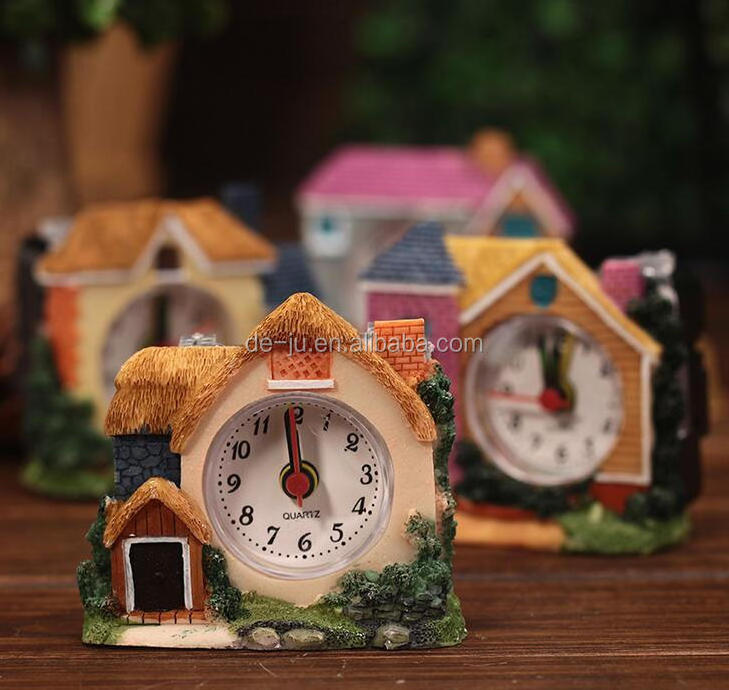 Promotion Gift Unique Art Design Cute Clock Handmade Resin Buildings Artistic Clock