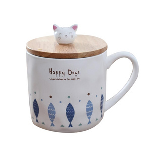 Promotion New Design Cheap blue fish printing bamboo lid ceramic mug manufacturers