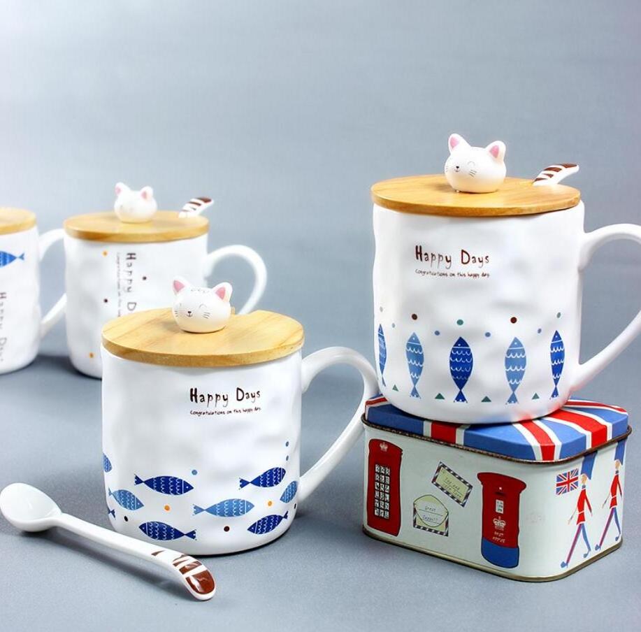 Promotion New Design Cheap blue fish printing bamboo lid ceramic mug manufacturers