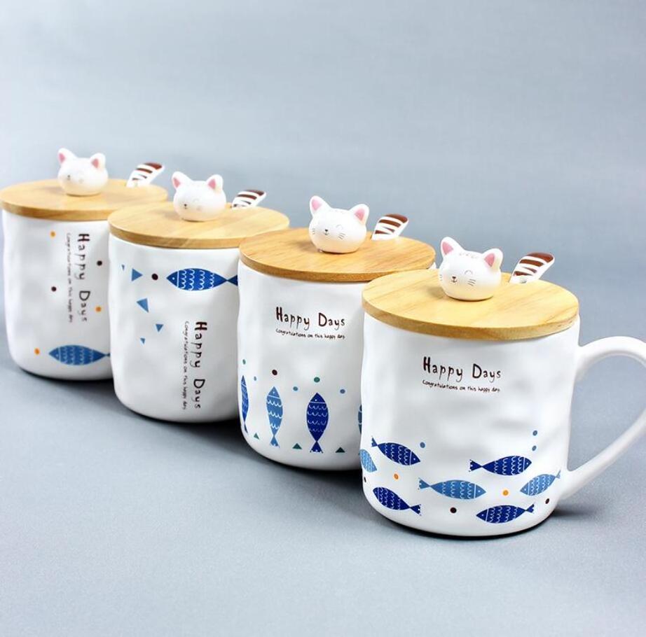 Promotion New Design Cheap blue fish printing bamboo lid ceramic mug manufacturers