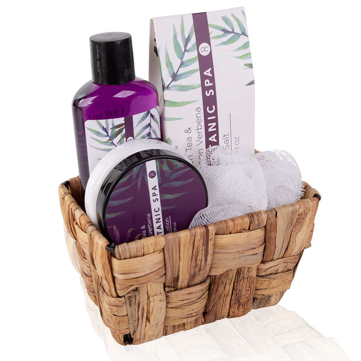 Accentra Brand 150Ml Shower Gel 150G Bath Salts 60Ml Body Lotion Mesh Sponge In White Seagrass Basket Christmas Bath Set