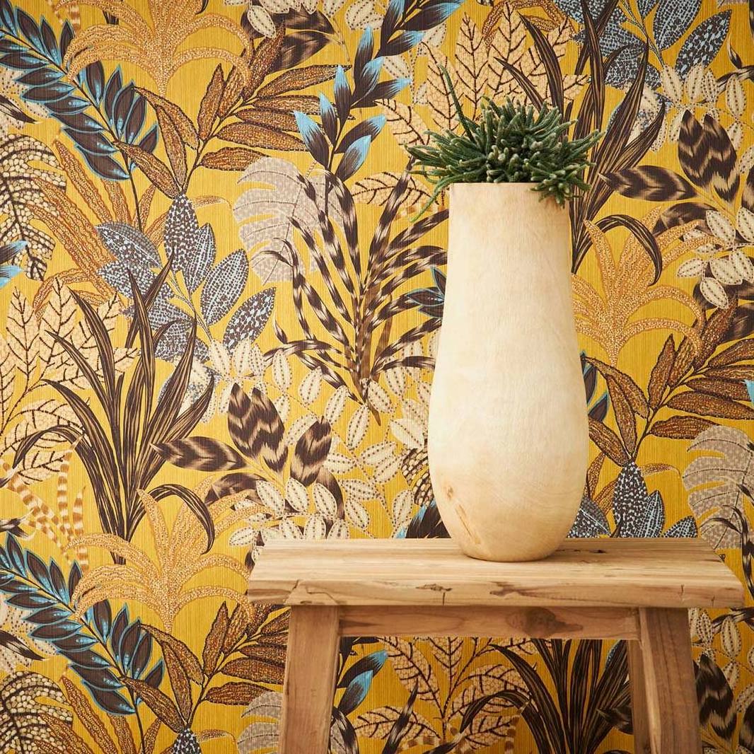 Made In Germany Yellow Leaf Wallpaper Non Woven Wall Coverings Ideal For Bedroom