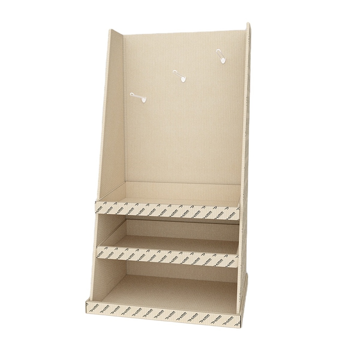 THIMM Standing POS customizable shape retail printed FSC cardboard floor display rack with hooks, Hook stand with shelves