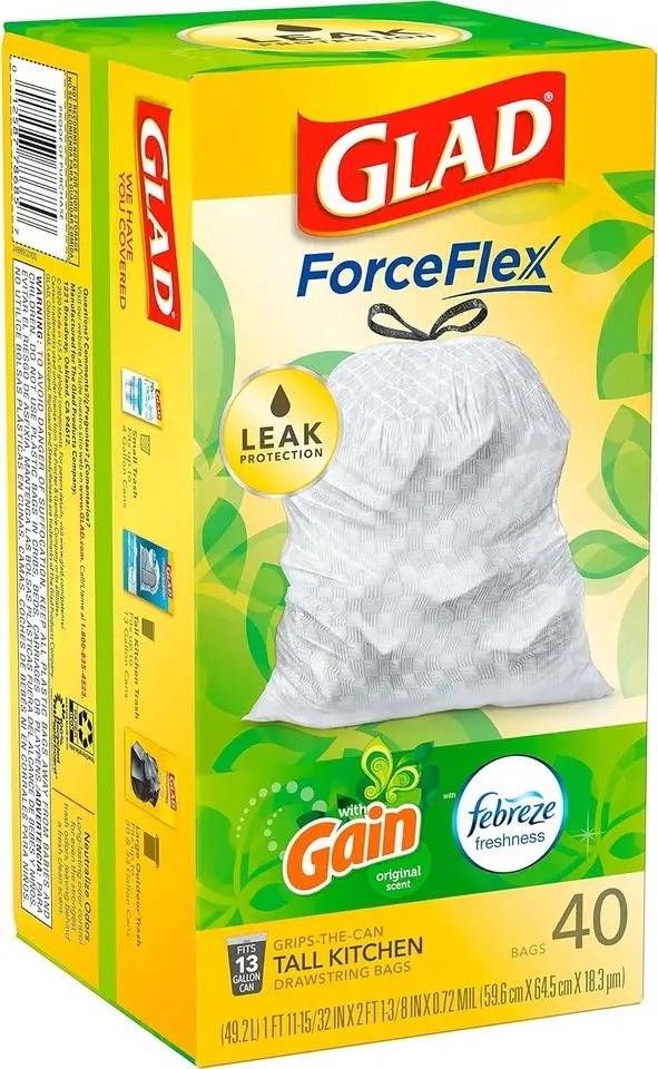 40 ct GLAD ForceFlex Tall Drawstring Trash Bags, 13 Gallon White Bags for Kitchen Can, Gain Original Scent to Eliminate Odors