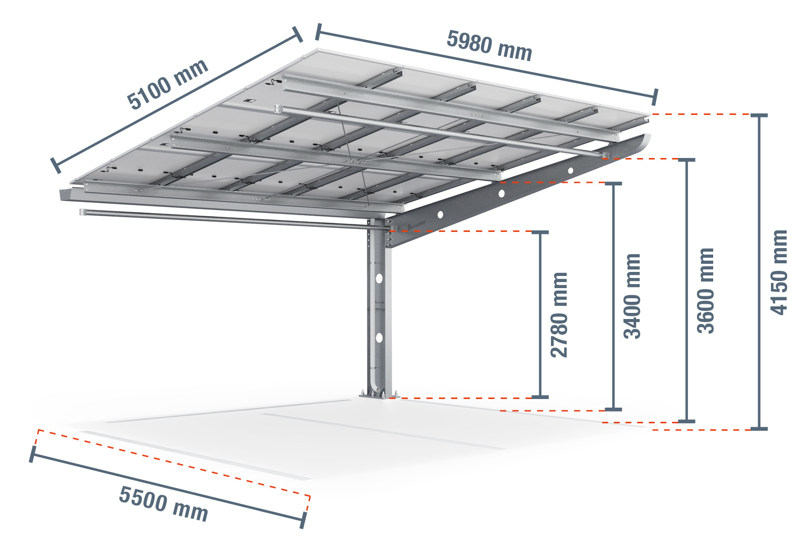 Soloport Brand PP2-A6300 Metal Frame Car Parking Shed Roof One-Sided Extension Field Car Park Canopy