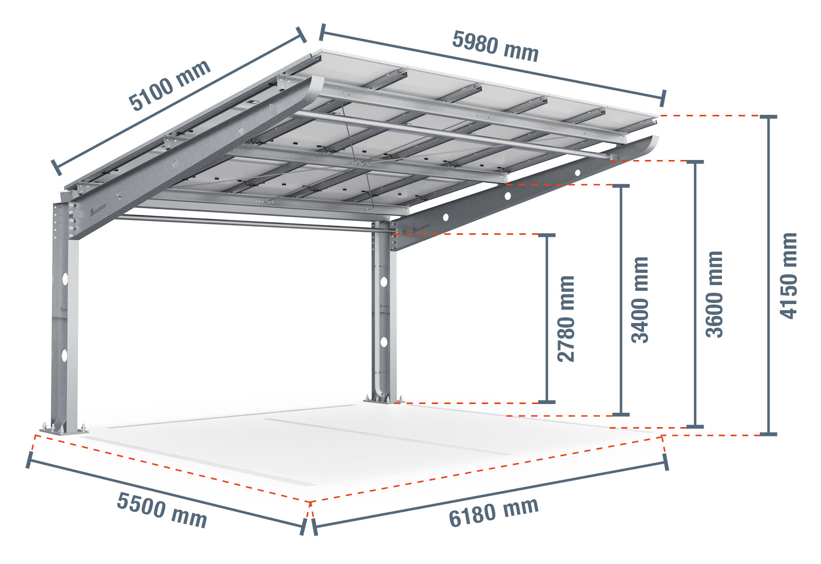 Soloport Brand PP2-G6300 Outdoor Residential Solar Carport Frame One-Side Car Parking Canopy Tent