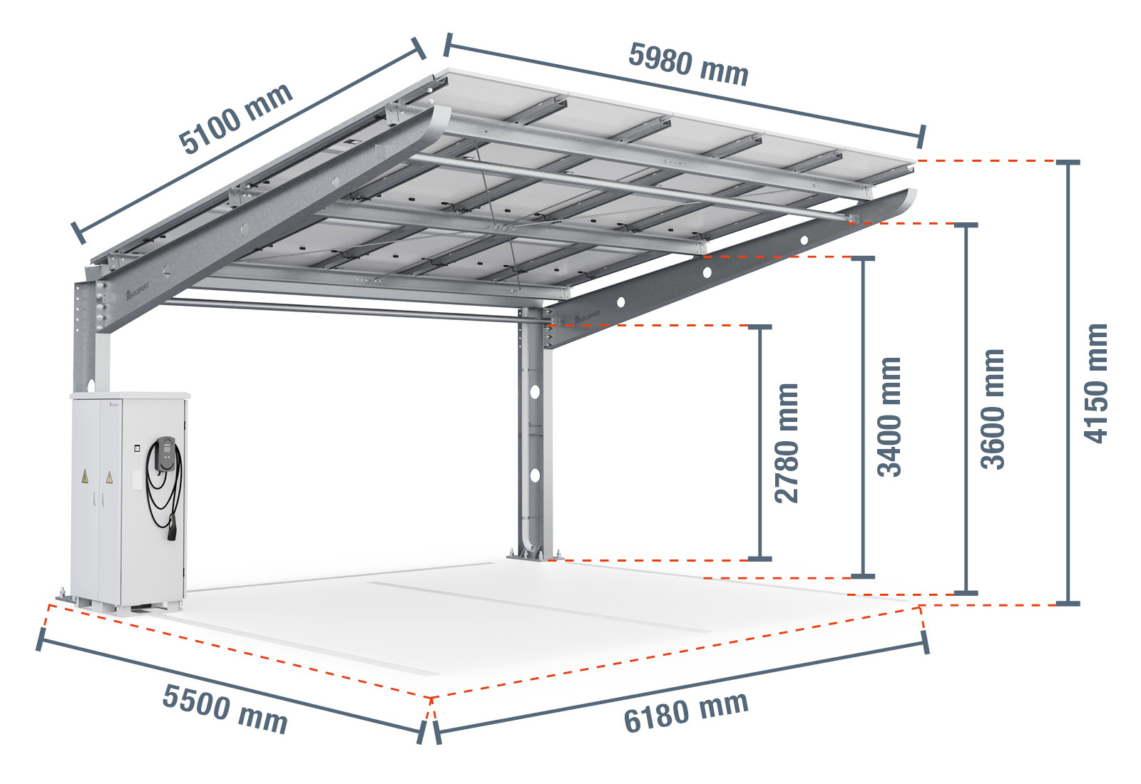 Soloport Brand PP2/40-G6300 Single-Sided Car Park Roofing Easy Assembly Carport Canopy With Wallbox And Control Cabinet