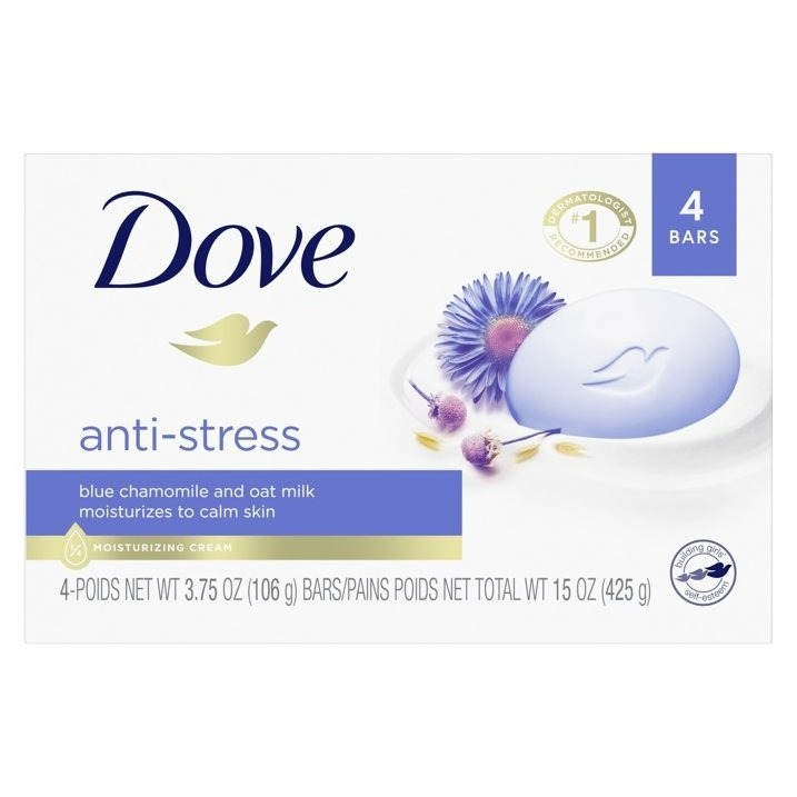 Dove Anti Stress Gentle Beauty Bar Soap for Dry Skin, Blue Chamomile and Oat Milk, 3.75 oz (4 Bars)