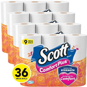 Scott ComfortPlus Toilet Paper, Bath Tissue, 4 Packs of 9 Mega Rolls, 36 Rolls Total