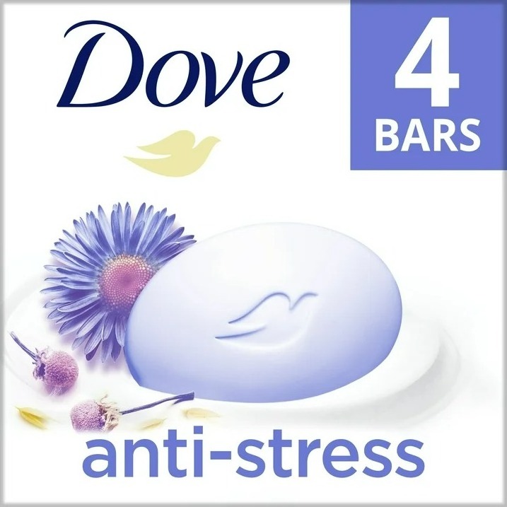 Dove Anti Stress Gentle Beauty Bar Soap for Dry Skin, Blue Chamomile and Oat Milk, 3.75 oz (4 Bars)