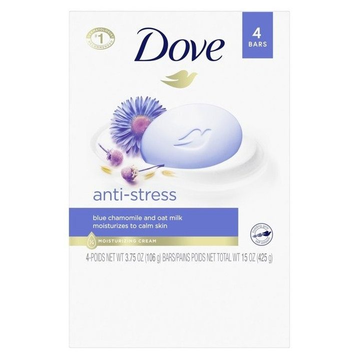 Dove Anti Stress Gentle Beauty Bar Soap for Dry Skin, Blue Chamomile and Oat Milk, 3.75 oz (4 Bars)