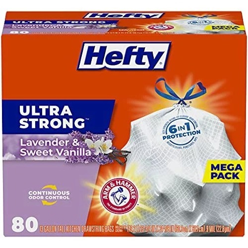 Hefty Ultra Strong Tall Kitchen Trash Bags, Lavender & Sweet Vanilla Scent, 13 Gallon, 80 Count