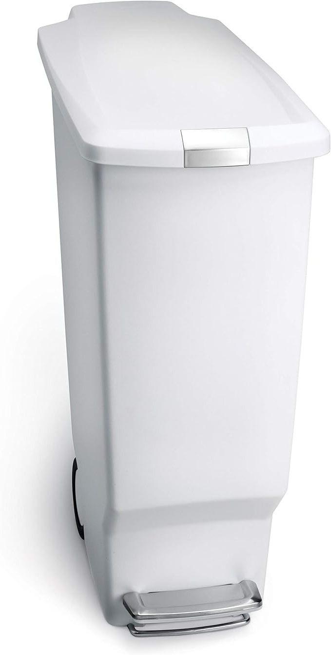 simplehuman 40 Liter / 10.6 Gallon Slim Kitchen Step Trash Can With Secure Slide Lock, Black ,White and Gray Plastic