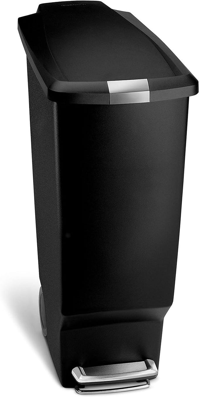 simplehuman 40 Liter / 10.6 Gallon Slim Kitchen Step Trash Can With Secure Slide Lock, Black ,White and Gray Plastic