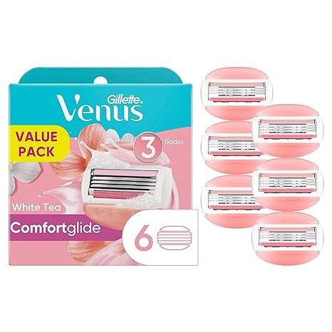 Gillette Venus ComfortGlide Womens Razor Blade Refills, 6 Count, White Tea Scented Gel Bar Protects Against Skin Irritation