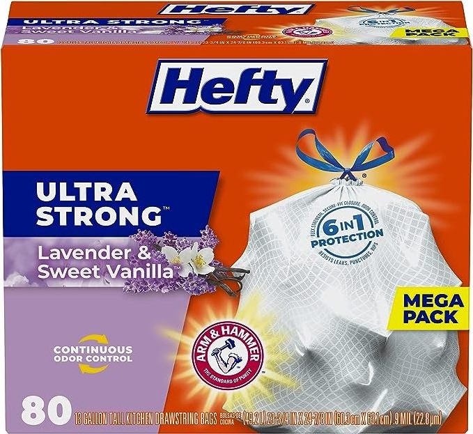 Hefty Ultra Strong Tall Kitchen Trash Bags, Lavender & Sweet Vanilla Scent, 13 Gallon, 80 Count