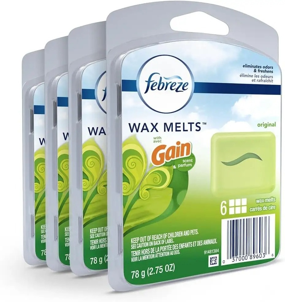 Febreze Wax Melts, Air Freshener and Odor Fighter for Strong Odor, Gain Original Scent, 4 Pack (6 Cubes Each)