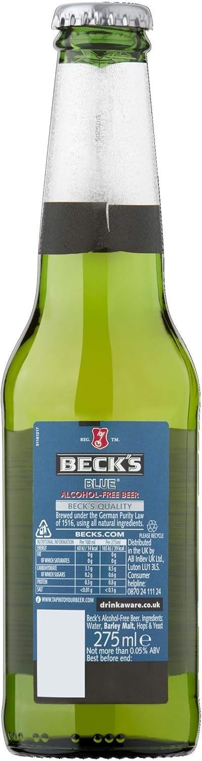 Beck's Blue 0 Percent Alcohol Free German Lager Beer Bottle, 24 x 275 ml