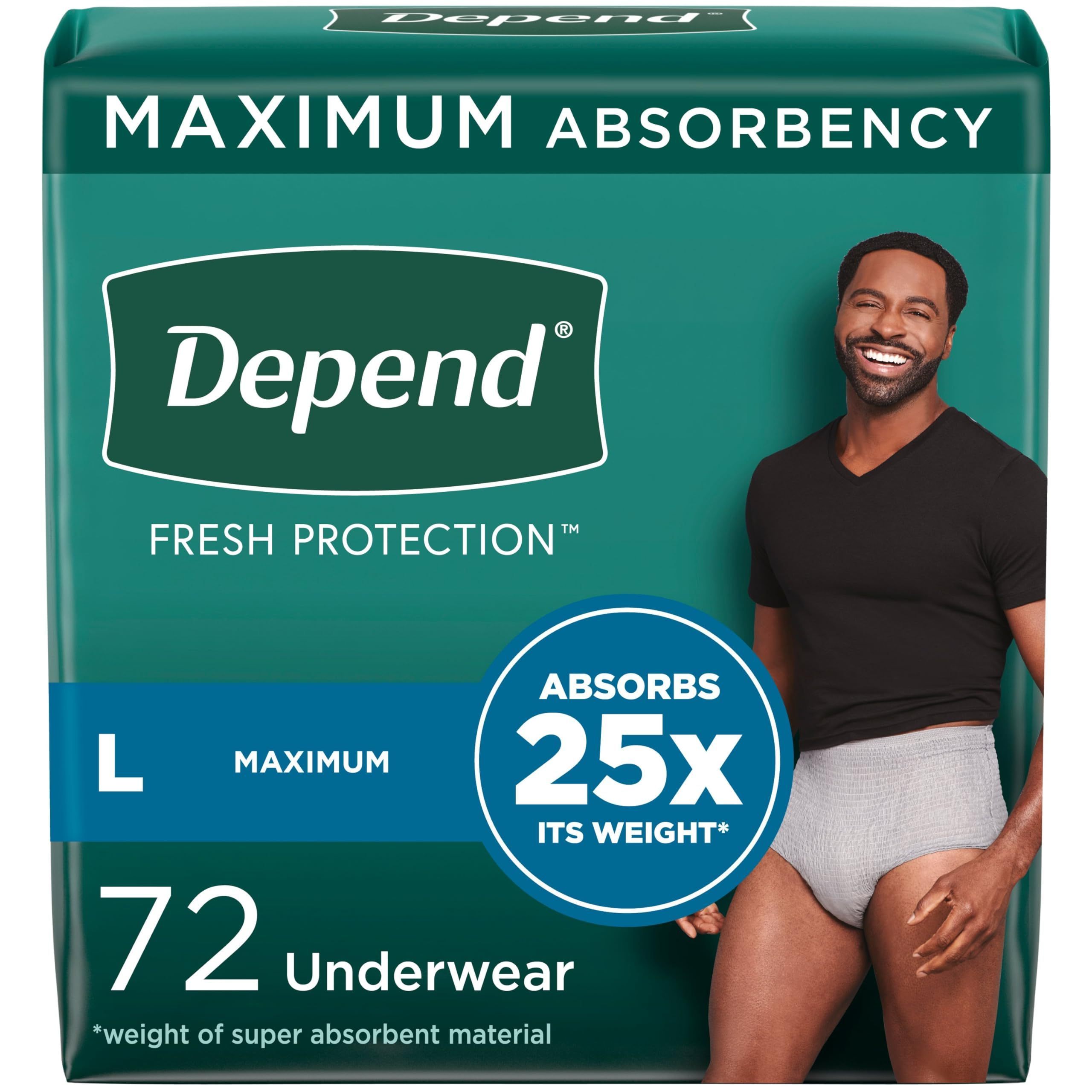 Depend FIT-Flex Incontinence Underwear for Men, Maximum Absorbency, Grey, Large, 72 Count