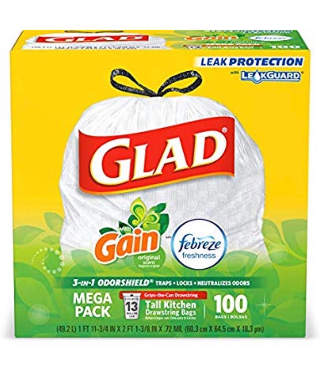 Glad Medium Kitchen Drawstring Trash Bags 8 Gallon White Plastic Kitchen Trash Bag, Fresh Clean Scent with Febreeze Freshness