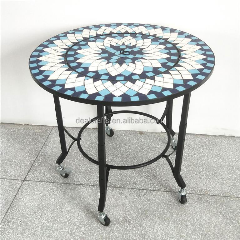 Ceramic tiles top mosaic design height adjustable fire pit coffee table with locking black casters