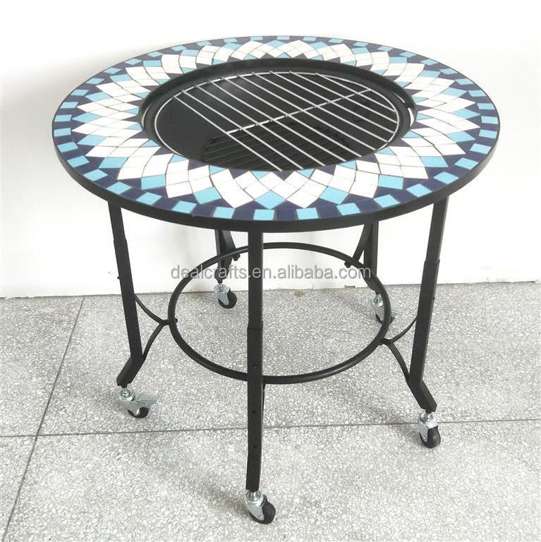 Ceramic tiles top mosaic design height adjustable fire pit coffee table with locking black casters